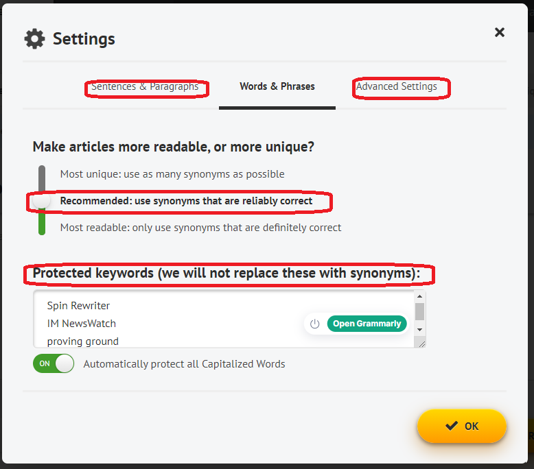 Spin Rewriter Settings